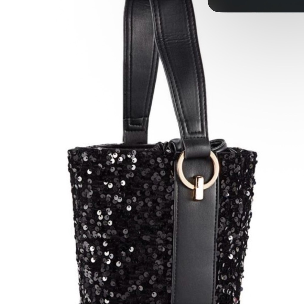 Badgley Mischka Black Sequin Bucket Bag with Gold Accents - Picture 9 of 10